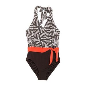 Tahari Colorblock Halter One-Piece Swimsuit Brown